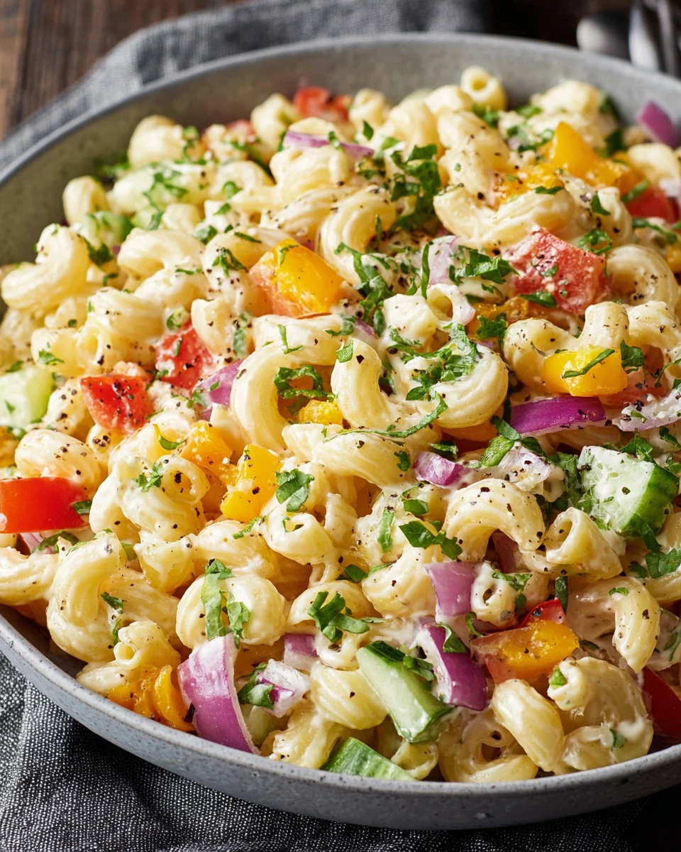 Gordon Ramsay macaroni salad with colorful vegetables and creamy dressing