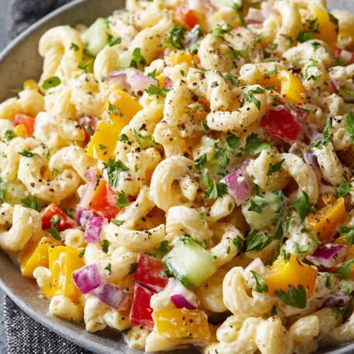 Gordon Ramsay macaroni salad with colorful vegetables and creamy dressing
