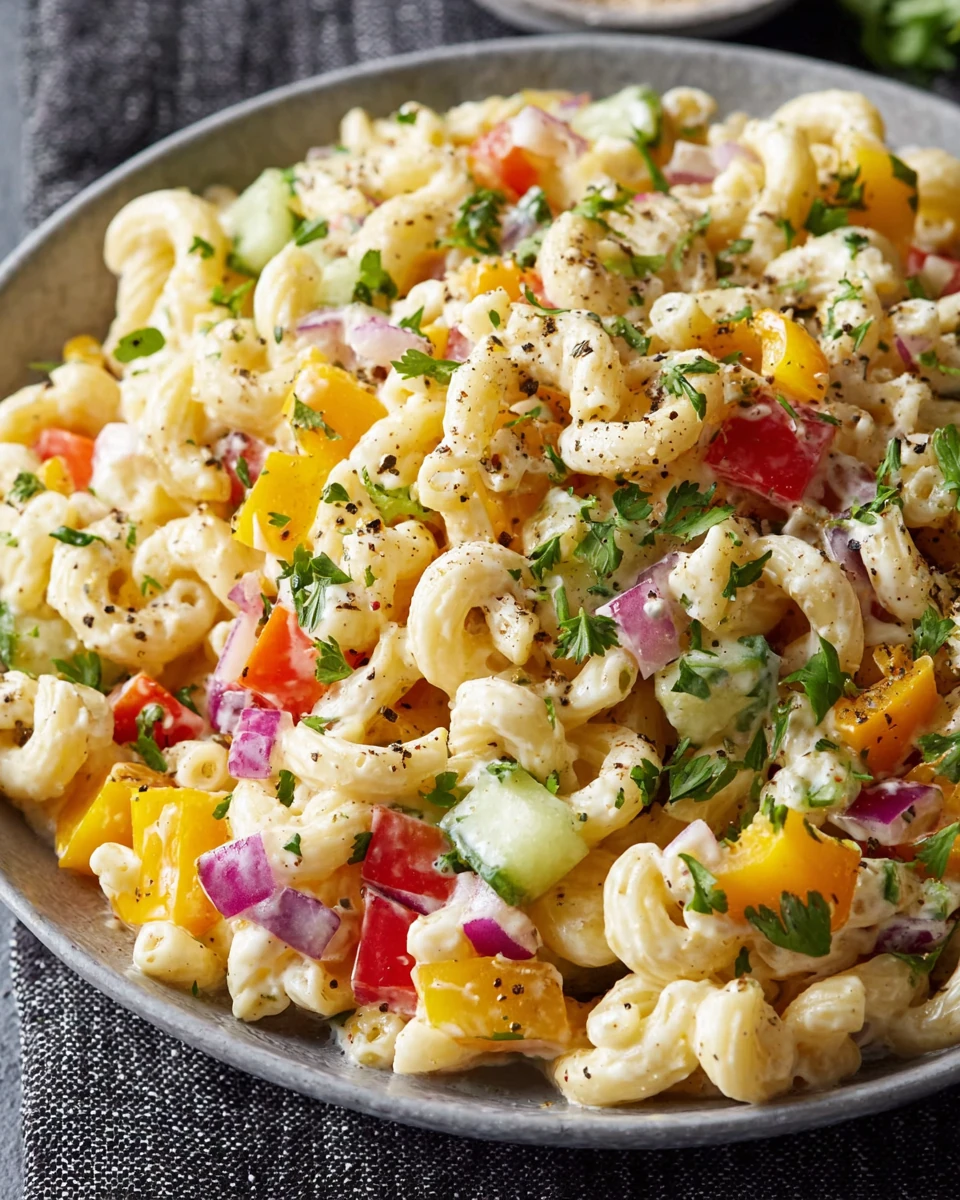 Gordon Ramsay macaroni salad with colorful vegetables and creamy dressing