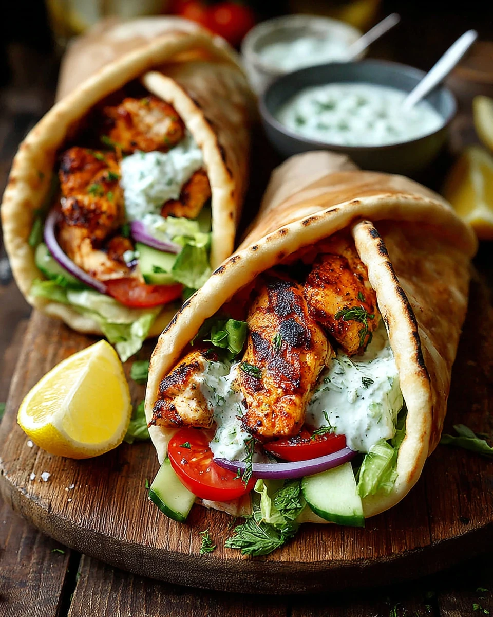 Greek chicken gyros with grilled chicken, tzatziki, and fresh veggies in pita bread