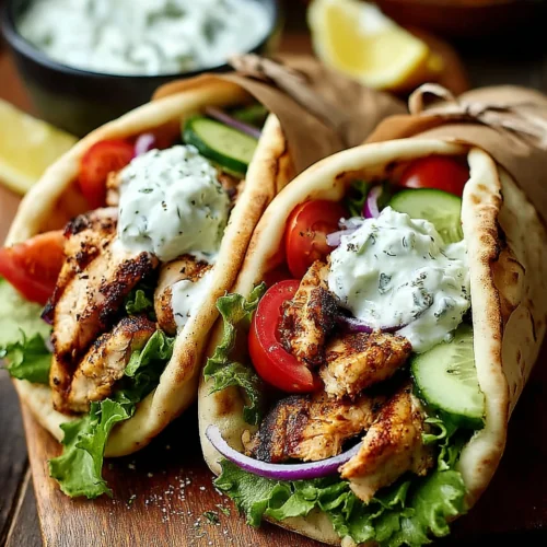 Greek chicken gyros with tzatziki, grilled chicken, and fresh veggies in pita bread