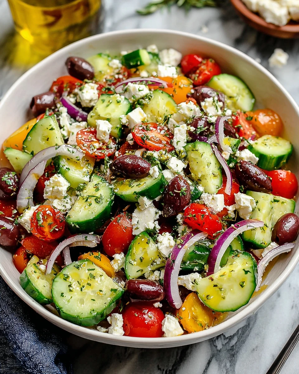 Fresh Greek salad with cucumbers, tomatoes, feta, and olives in a rustic bowl