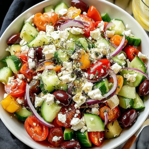 Fresh Greek salad with cucumbers, tomatoes, feta, and olives in a bowl