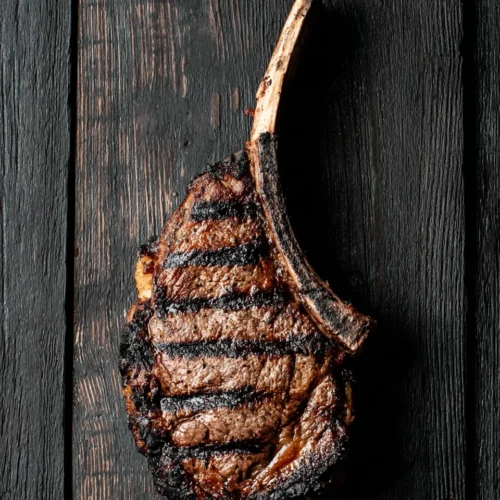 Grilled tomahawk steak with charred crust on dark wood background