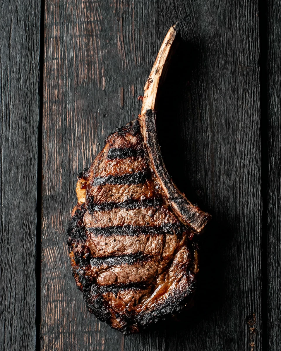 Grilled tomahawk steak with charred crust on dark wood background