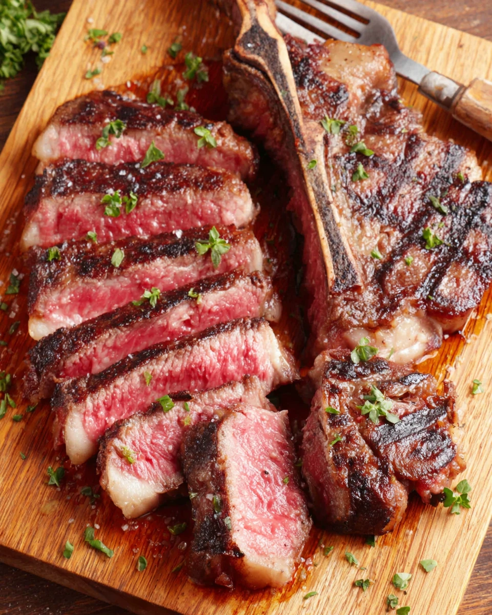 Grilled tomahawk steak sliced on wooden board with herbs