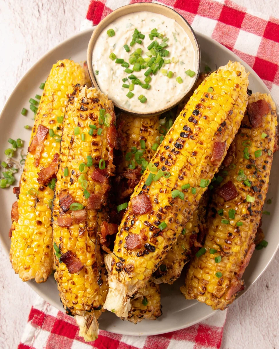 Grilled corn ribs with bacon and ranch dip on a white plate