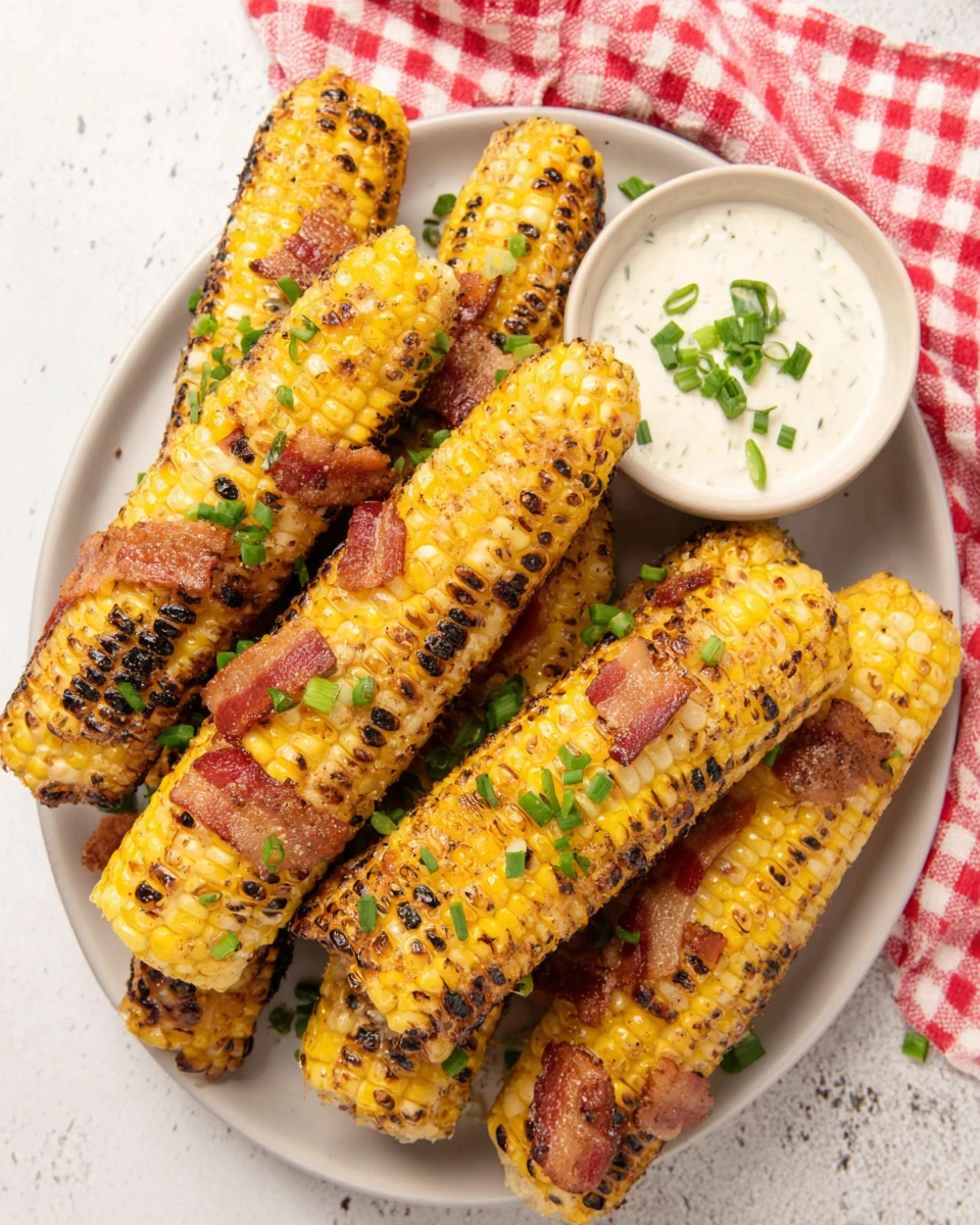 Grilled corn ribs with bacon and ranch dip on a white plate
