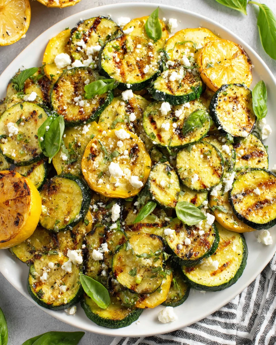 Grilled squash and zucchini with dijon marinade, garnished with feta and basil