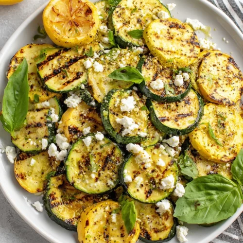 Grilled squash and zucchini with dijon marinade on a plate with feta and basil