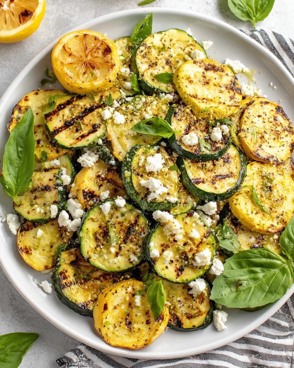 Grilled squash and zucchini with dijon marinade on a plate with feta and basil