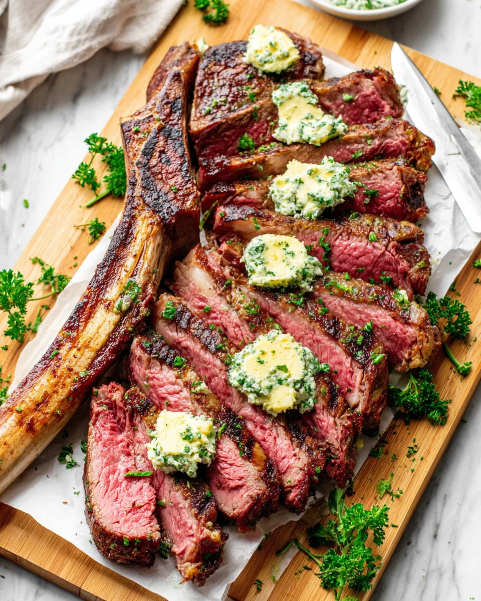 Grilled Tomahawk Steak with Herb Butter Grilled tomahawk steak with herb butter and fresh herbs on a plate