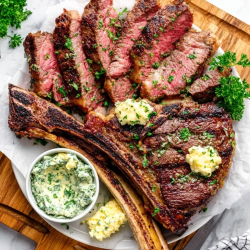 Grilled Tomahawk Steak: A Savory Delight for Meat Lovers 1 Grilled tomahawk steak with herb butter and fresh parsley on a plate