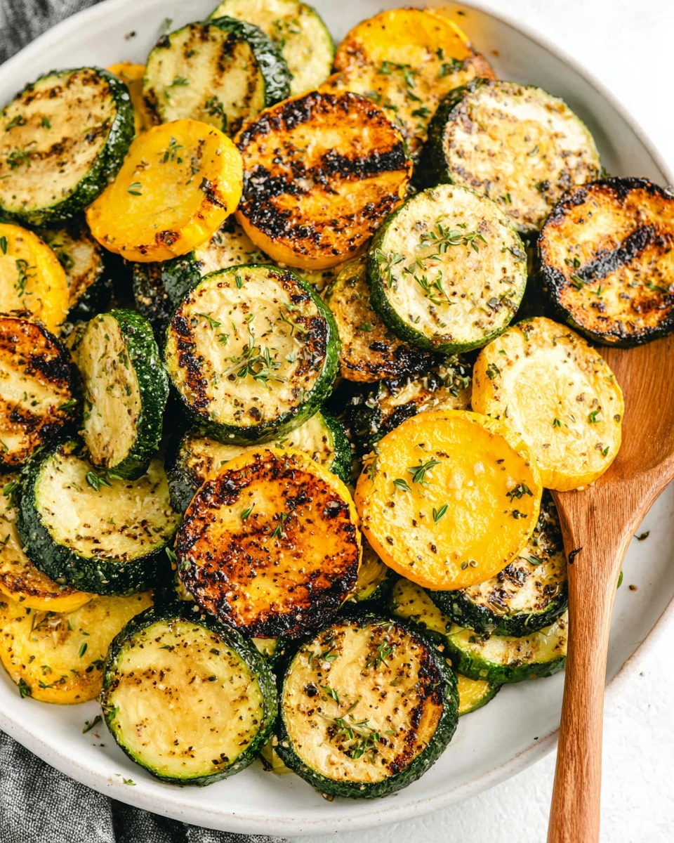 Grilled zucchini and squash slices with char marks on a white plate