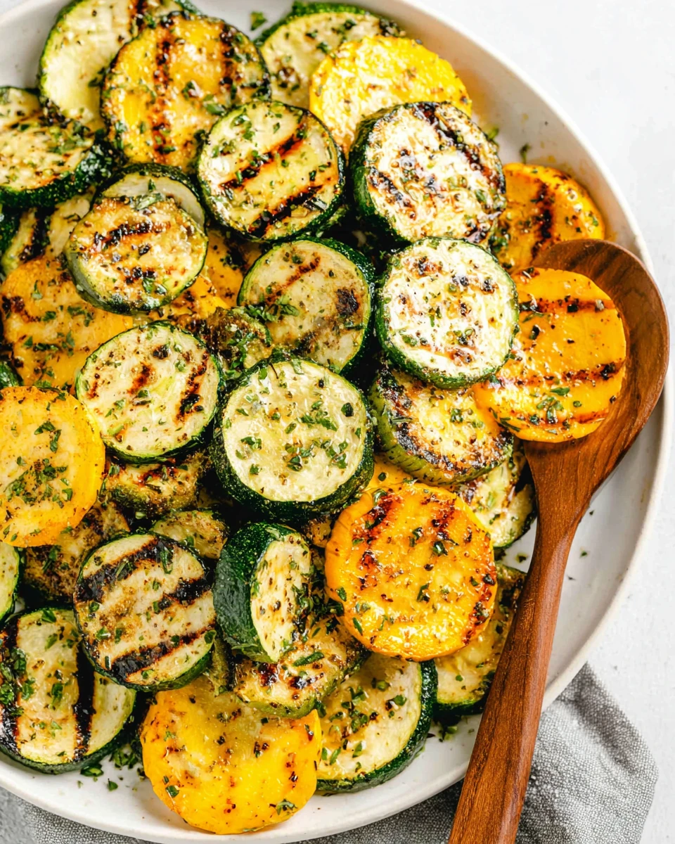Grilled zucchini and squash slices with char marks on a white plate