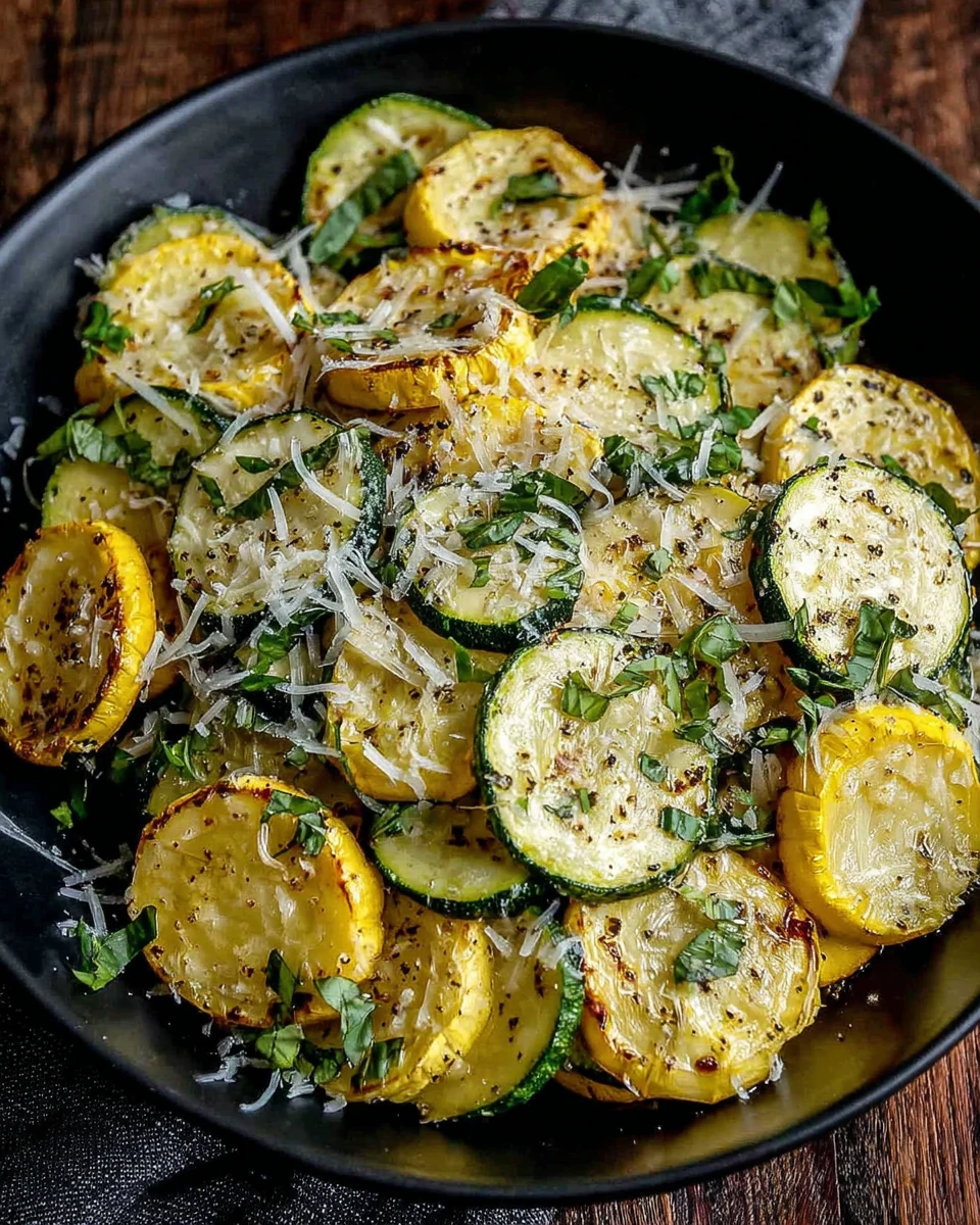 Grilled zucchini and squash slices with parmesan and herbs in a black bowl