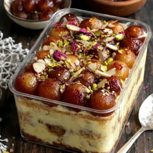 Gulab jamun rabdi box cake with layered cake, creamy rabdi, and toppings