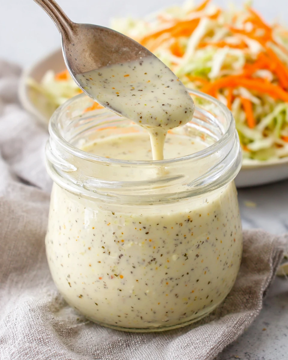 Healthy Coleslaw Dressing in Glass Jar Healthy coleslaw dressing in a glass jar with a spoon, creamy texture with visible herbs and spices