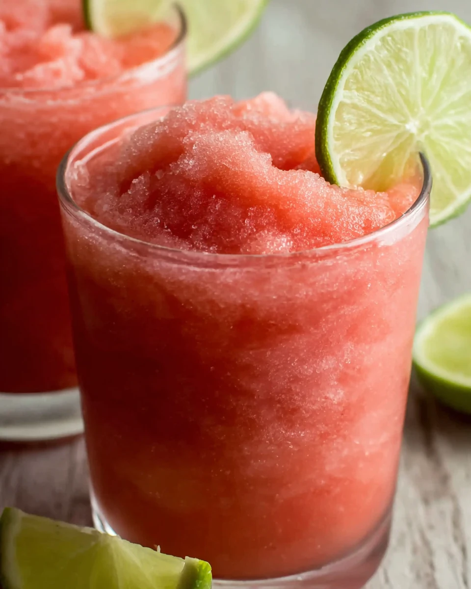 Healthy watermelon slushie in a glass with lime garnish