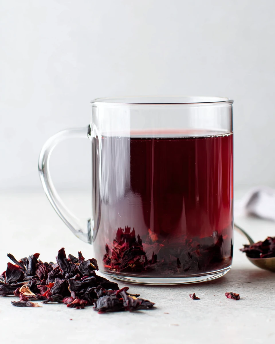 Vibrant red hibiscus tea in a glass mug with dried petals nearby