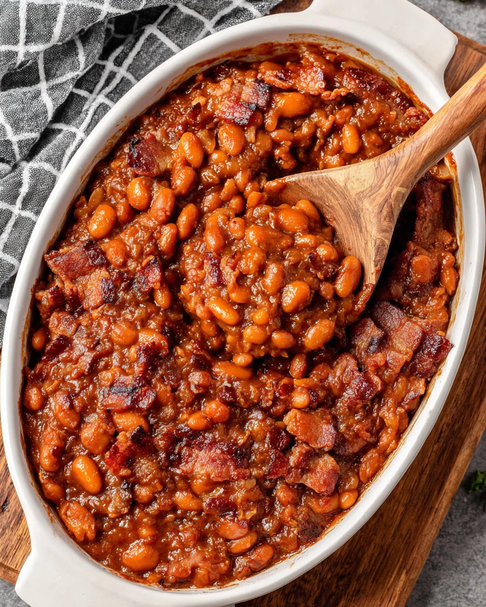 Homemade classic baked beans with bacon in a white dish, wooden spoon