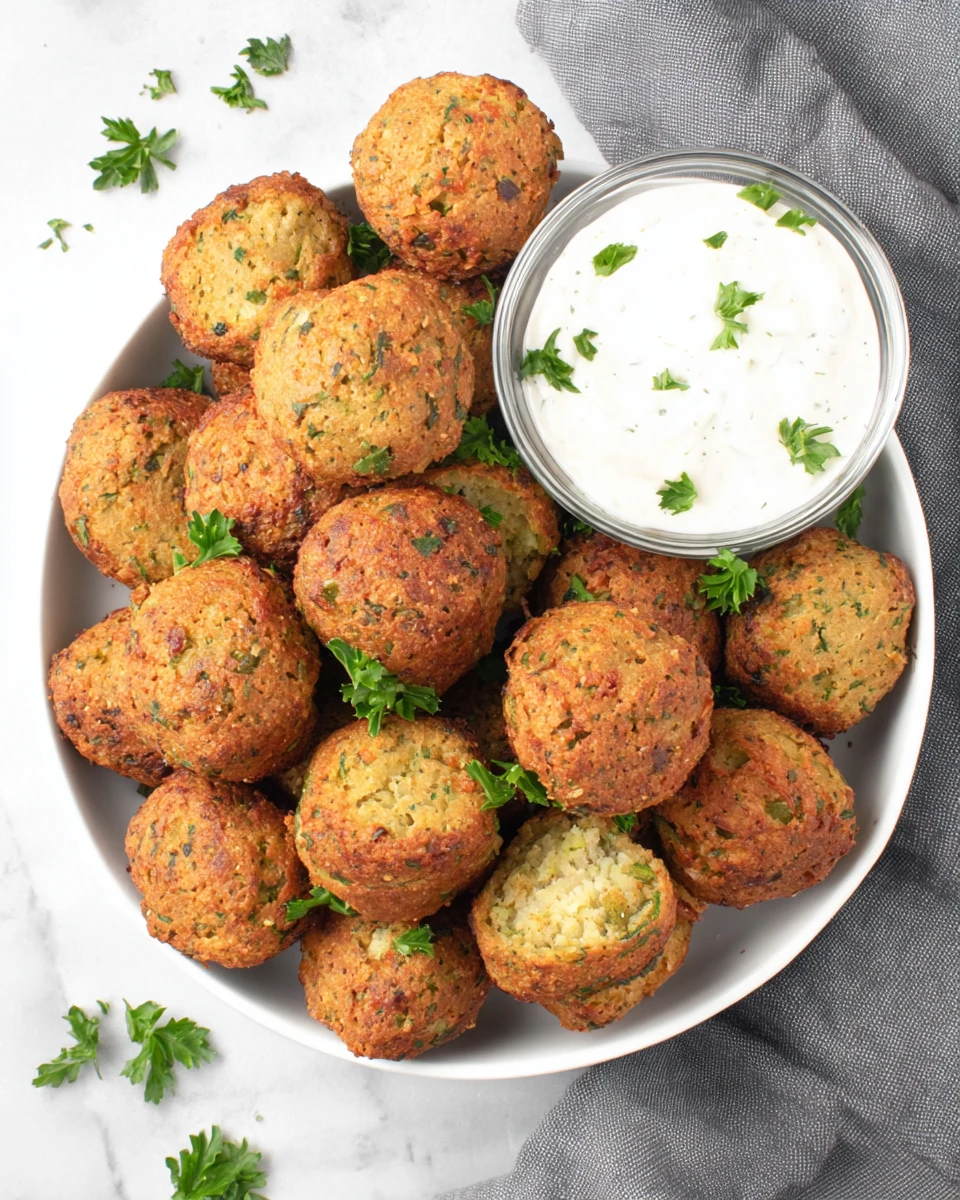 Golden-brown homemade falafel balls with creamy sauce and fresh herbs