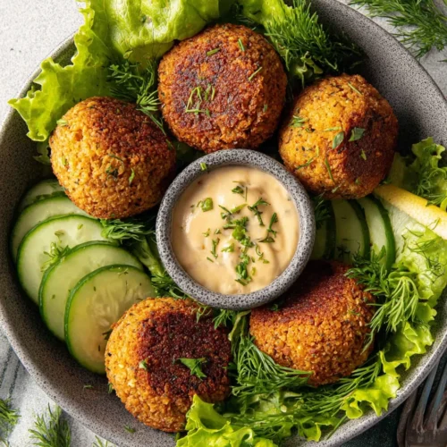 Crispy homemade falafel balls served on a fresh salad with tahini sauce