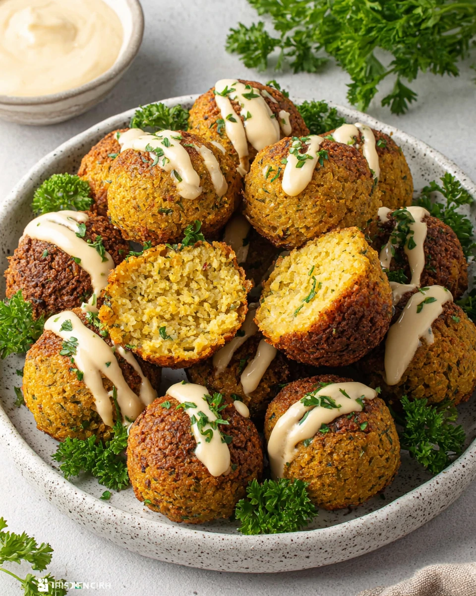 Homemade falafel balls with tahini drizzle and fresh herbs on a plate