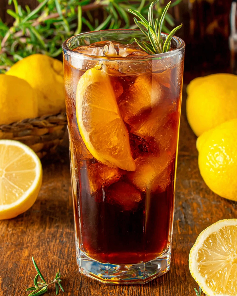 Homemade Lemon Sweet Tea with Lemon and Rosemary Garnish Homemade lemon sweet tea in a glass with ice, lemon slice, and rosemary garnish