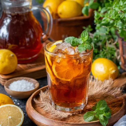 Homemade sweet tea gallon recipe served in a glass with ice, lemon, and mint