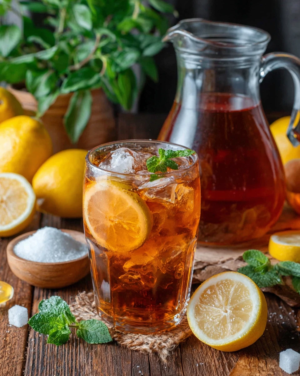 Homemade sweet tea gallon recipe served in a glass with ice, lemon, and mint