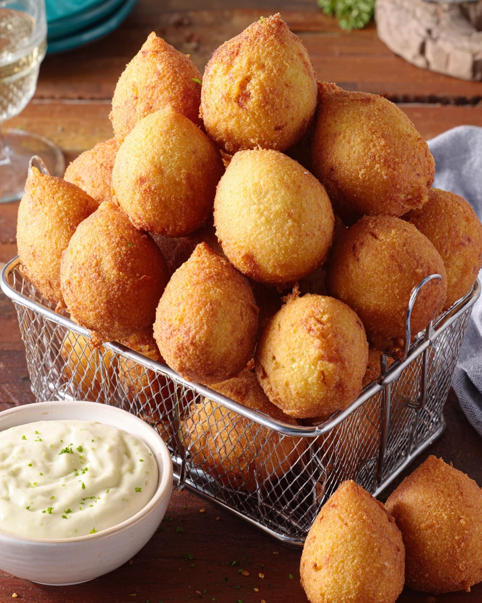 Honey Corn Hush Puppies in Wire Basket and Bowl Golden honey corn hush puppies in a wire basket and bowl with dipping sauce