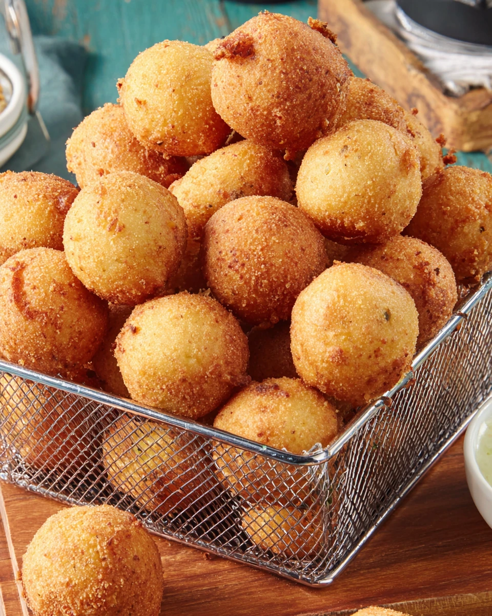 Honey Corn Hush Puppies in Basket and Bowl Crispy honey corn hush puppies in a wire basket and bowl with dipping sauce