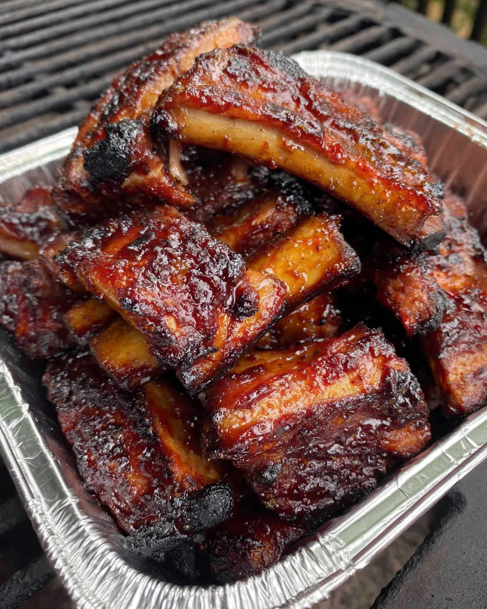 Honey jalapeño party ribs in foil pan, sticky glaze, smoky char, ready to serve
