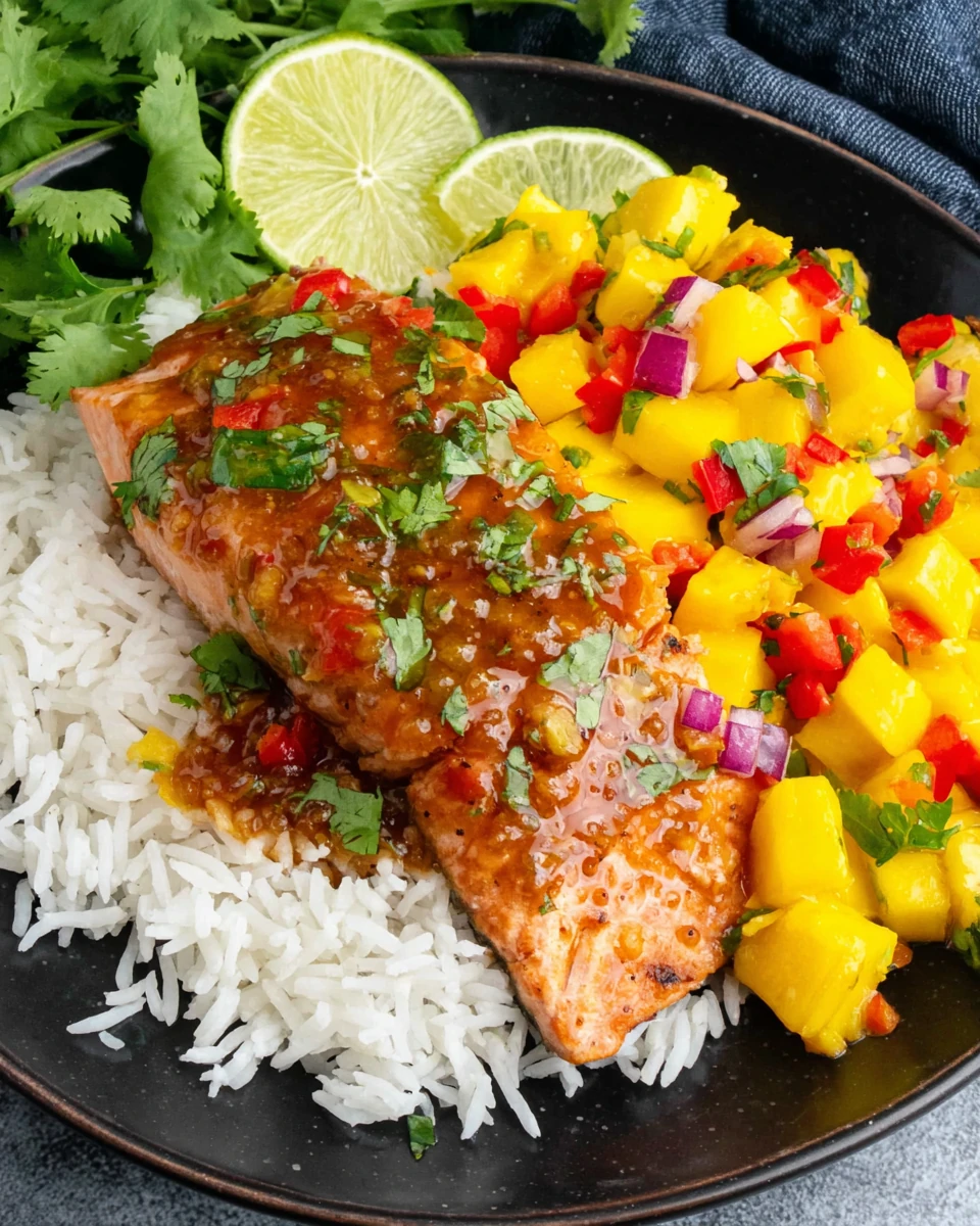 Honey lime salmon with mango salsa on rice, garnished with lime wedge
