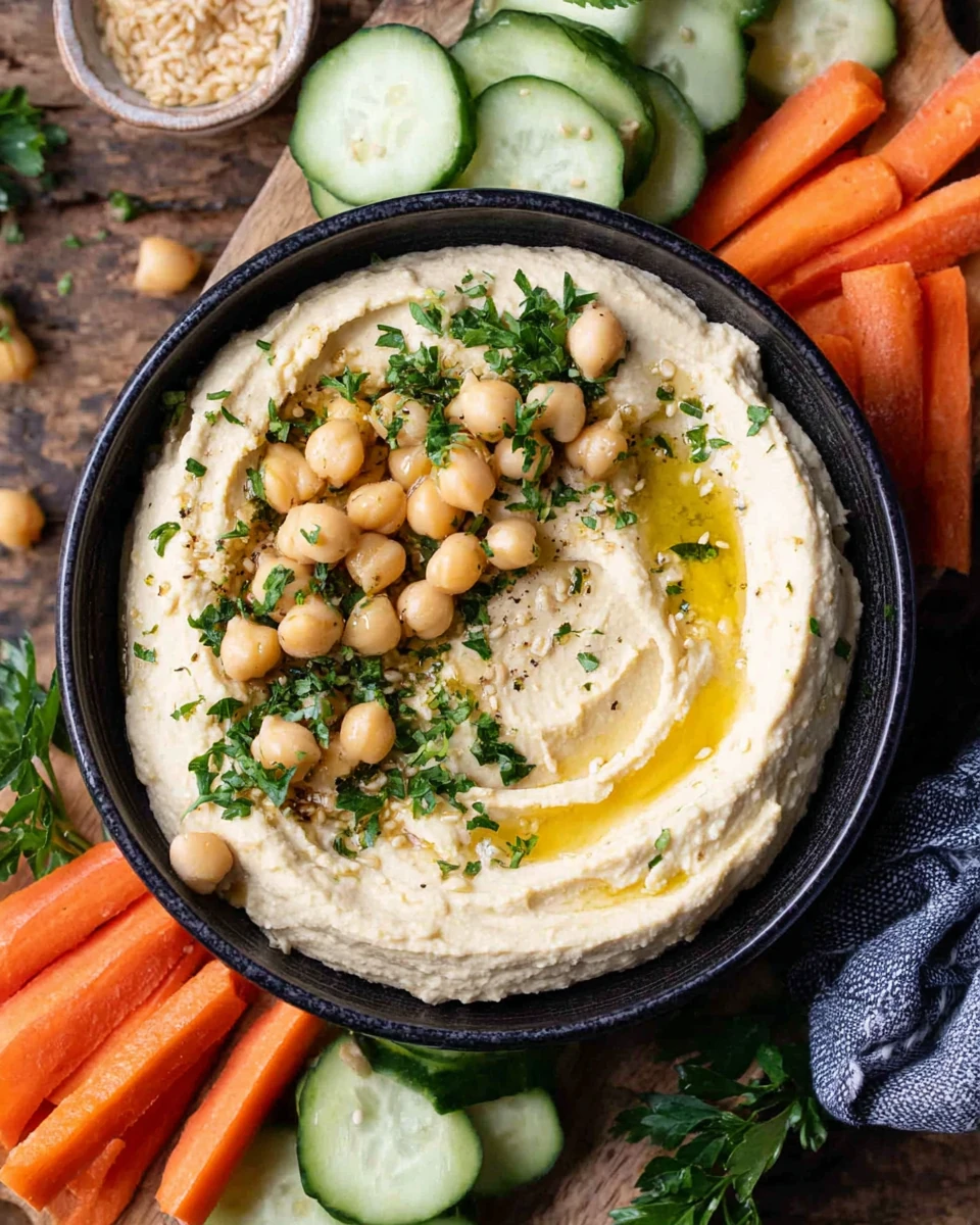 Creamy hummus without tahini in a black bowl with fresh herbs and vegetables