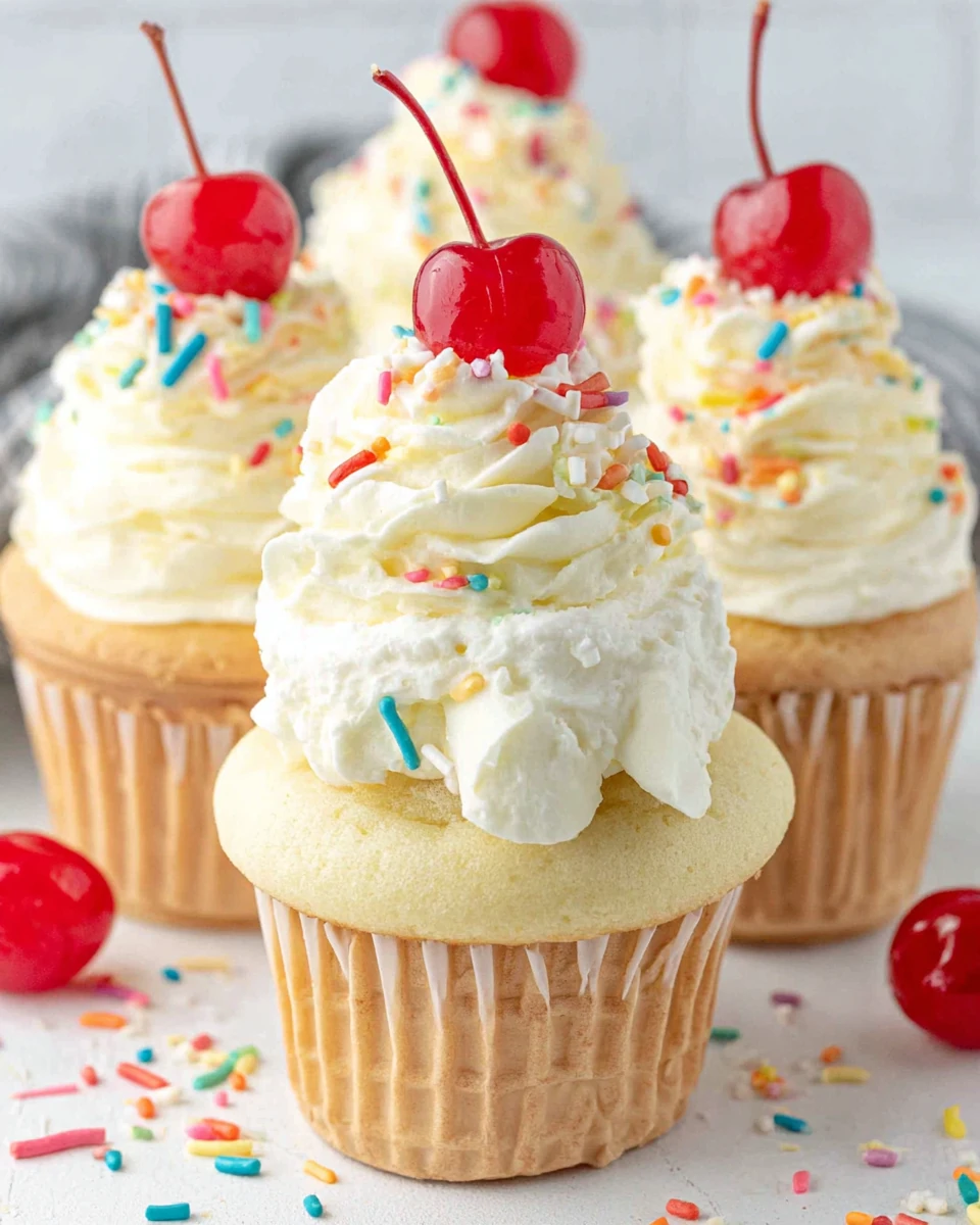 Ice cream cone cupcakes with white frosting, sprinkles, and cherries