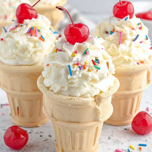 Ice cream cone cupcakes with white frosting, sprinkles, and cherries