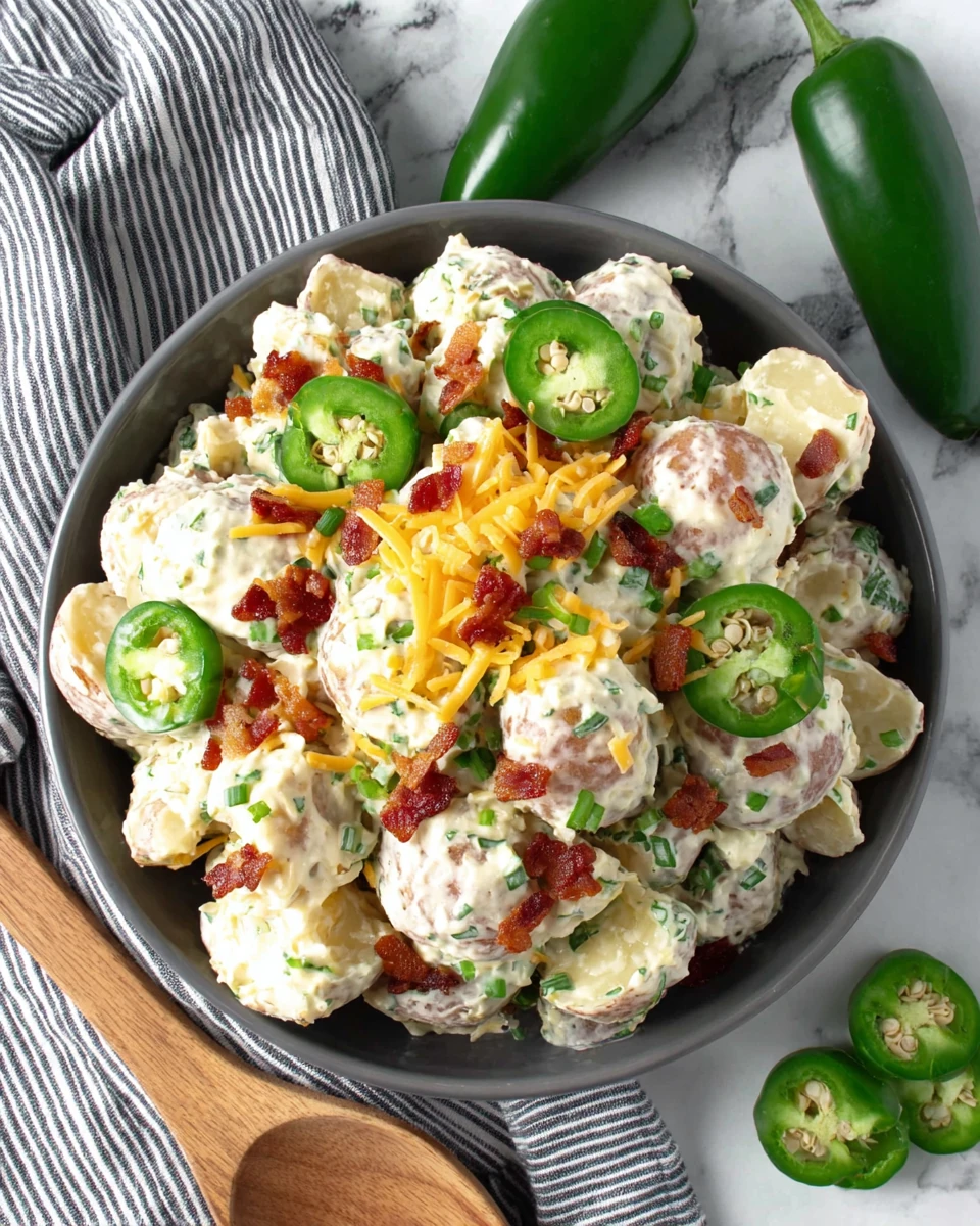 Jalapeno Potato Salad with Bacon and Cheese Creamy jalapeno potato salad with bacon and cheese in a bowl