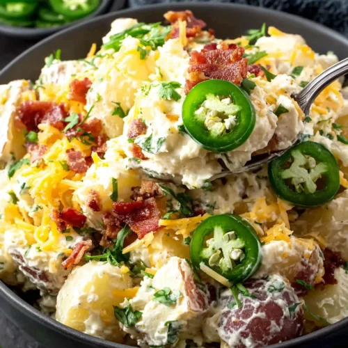 Jalapeno Potato Salad: A Spicy and Inviting Side Dish 1 Creamy jalapeno potato salad with bacon and cheese in a black bowl
