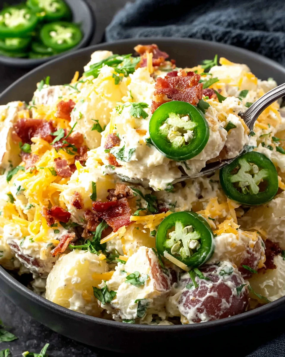 Jalapeno Potato Salad with Bacon and Cheese Creamy jalapeno potato salad with bacon and cheese in a black bowl