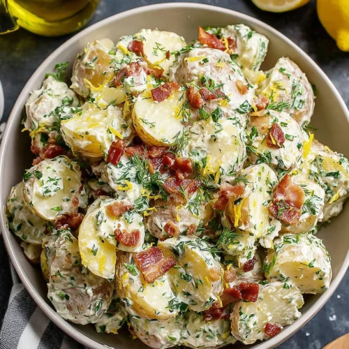 Jamie Oliver potato salad with bacon, herbs, and lemon in a bowl