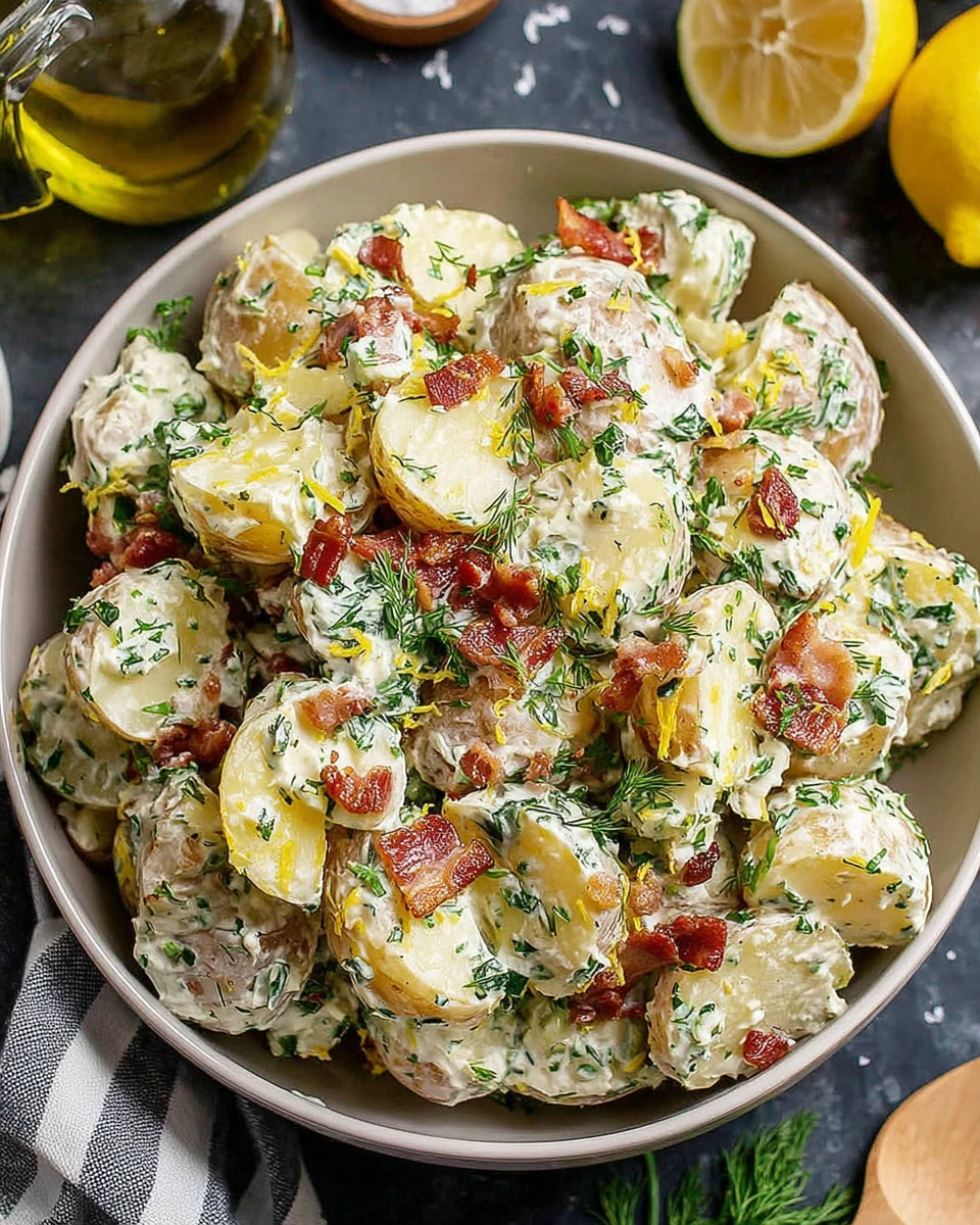 Jamie Oliver potato salad with bacon, herbs, and lemon in a bowl