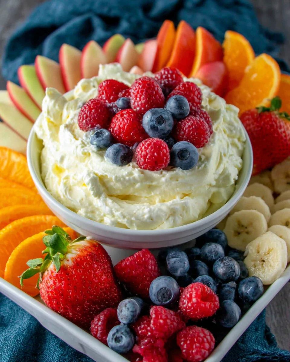 Lemon whip fruit dip served with fresh fruits like strawberries, apples, and blueberries
