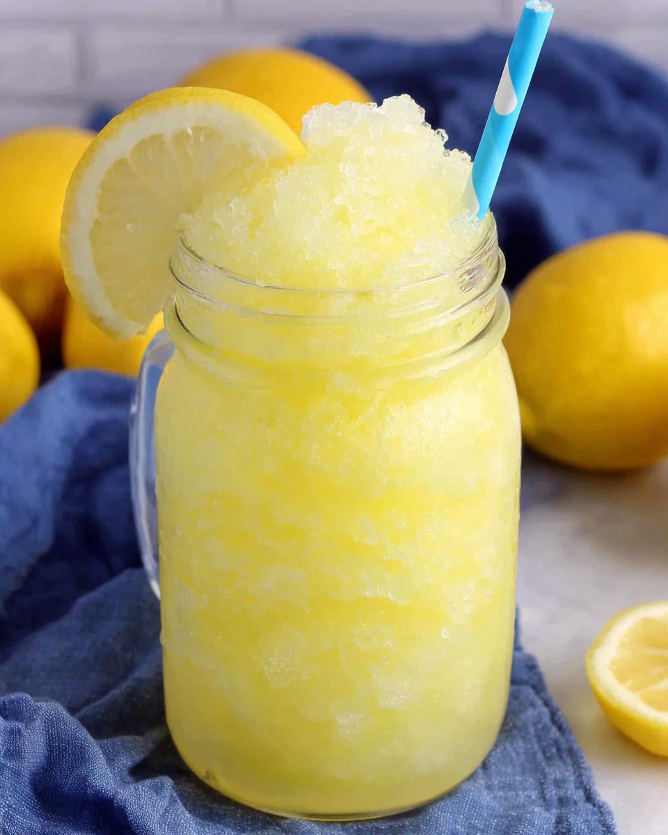 Lemonade slushie in a mason jar with lemon garnish and blue straw
