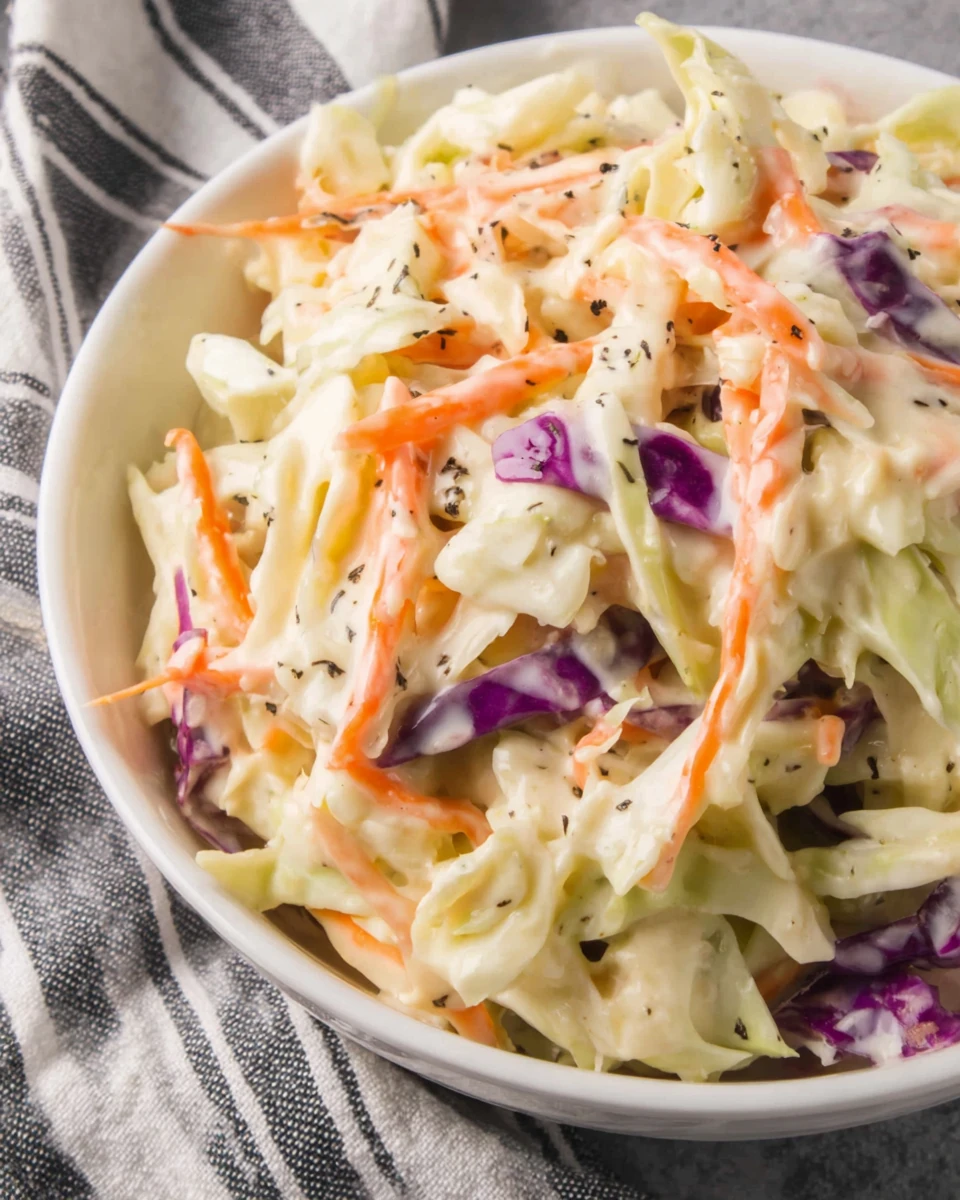 Creamy low calorie coleslaw with cabbage and carrots in a white bowl