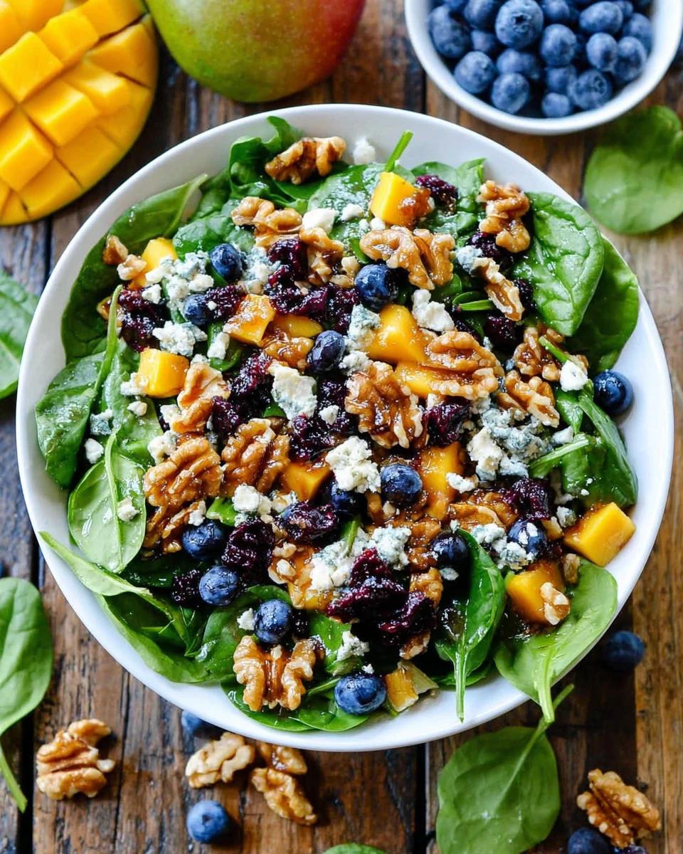 Mango and blueberry salad with spinach, walnuts, and feta cheese in a white bowl