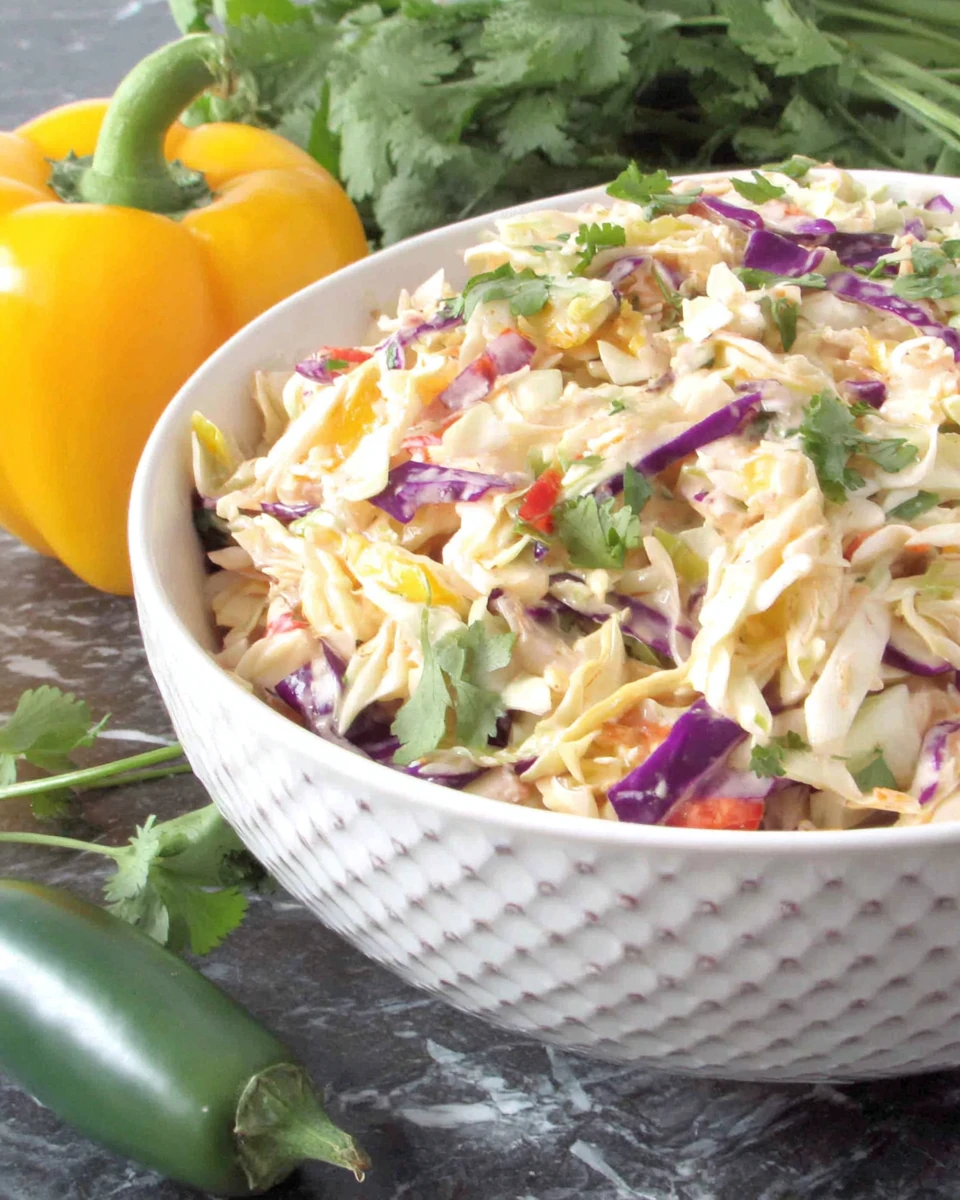 Mexican Coleslaw with Cabbage and Bell Peppers Fresh Mexican coleslaw with red cabbage and bell peppers in a white bowl