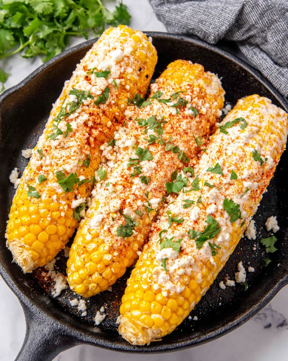 Mexican street corn elote with creamy sauce, cheese, and herbs on a black skillet