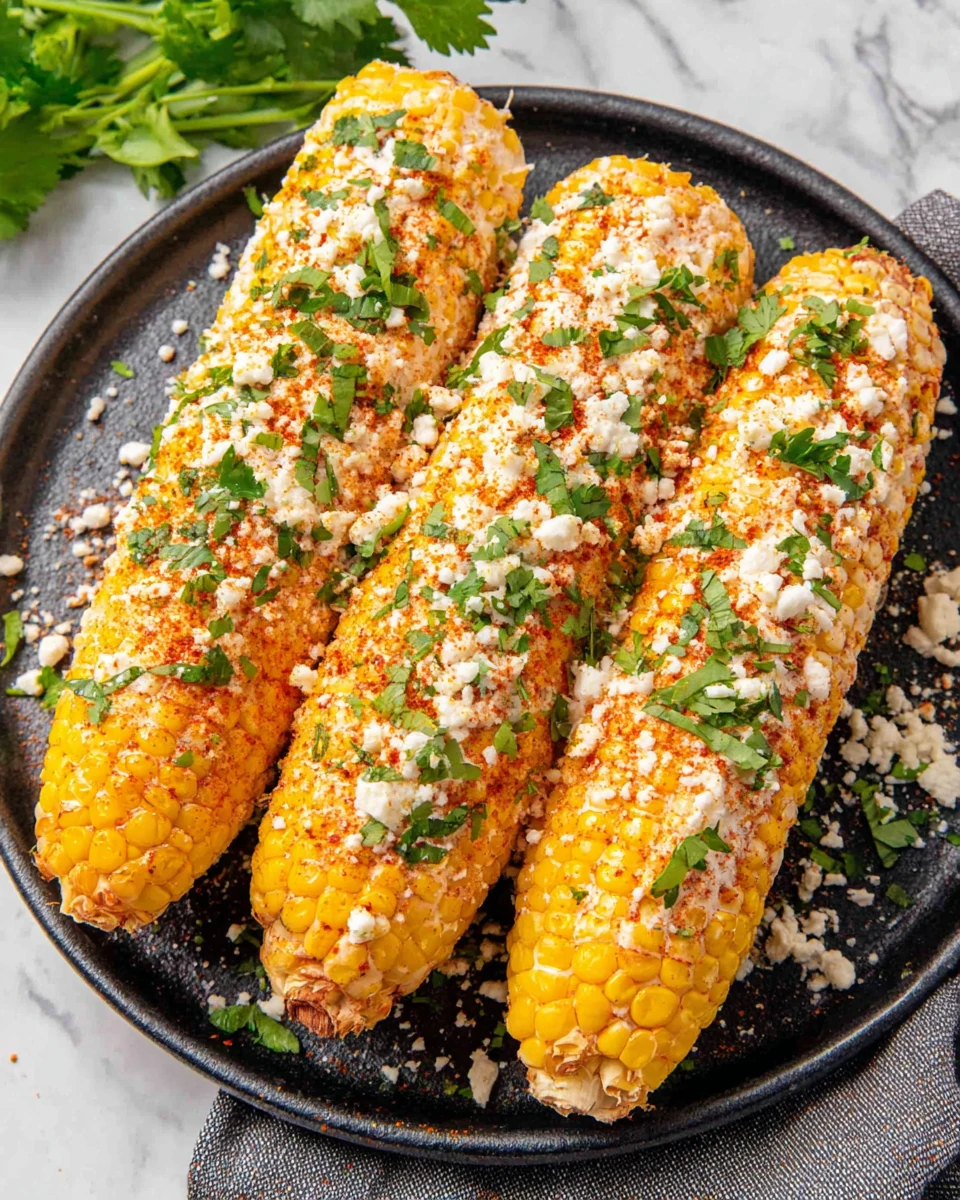 Mexican street corn elote with creamy sauce, cotija cheese, and cilantro on a black skillet